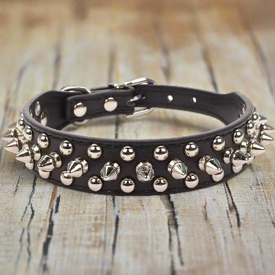 Collier cuir chien noir| Punk - Chien en balade