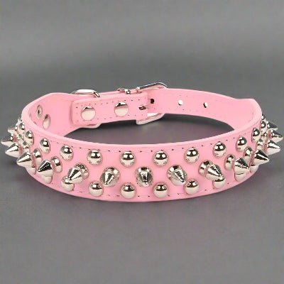 Collier cuir chien punk rose - Chien en balade