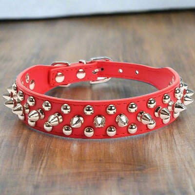 Collier cuir chien punk rouge - Chien en balade