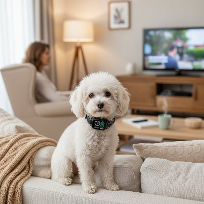 Collier anti aboiement chien 2M avec Caniche blanc