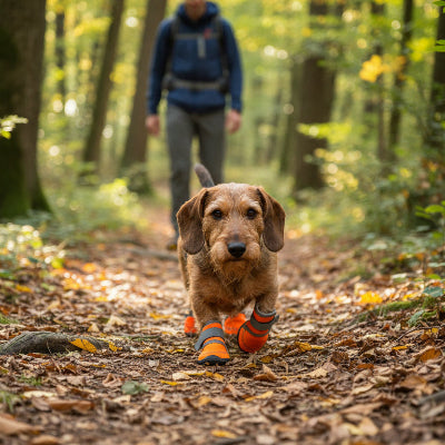 Bottes pour chien avec un Teckel a poil dur marchand dans la foret