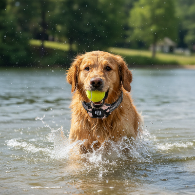 Collier anti aboiement chien Rose-Jouant dans l'eau avec balle de tennis